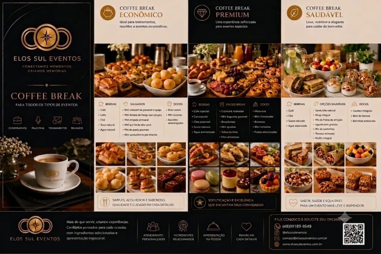Cardápio de coffee break com opções Econômico, Premium e Saudável